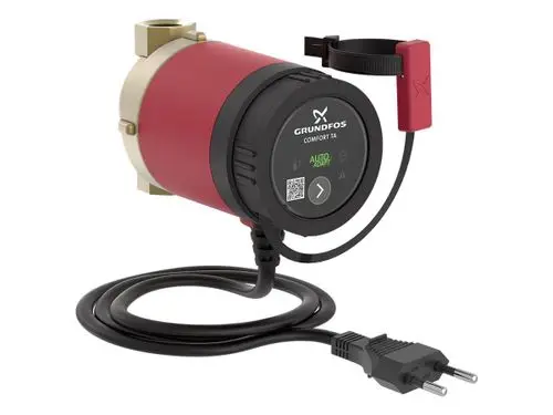 Umwälzpumpe von Grundfos mit einem roten und schwarzen Gehäuse sowie einem elektrischen Anschlusskabel. Die Pumpe verfügt über ein Bedienfeld zur Steuerung.